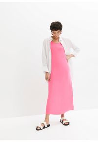 bonprix - Wygodna sukienka shirtowa maxi z rozcięciem. Kolor: różowy. Długość: maxi