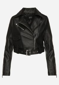 Born2be - Czarna Krótka Kurtka Ramoneska z Paskiem Ozdobionym Klamrą Mavine. Okazja: na co dzień. Kolor: czarny. Materiał: jeans. Długość rękawa: długi rękaw. Długość: krótkie. Wzór: aplikacja. Styl: casual, rockowy, elegancki #7