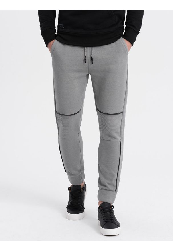 Ombre Clothing - Spodnie męskie dresowe z kontrastowymi przeszyciami - szare V2. Kolor: szary. Materiał: dresówka
