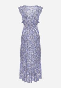 Born2be - Niebieska Bawełniana Sukienka z Metalicznym Nadrukiem z Gumkami w Pasie z Kopertowym Dekoltem Folia. Okazja: na co dzień, na spacer. Typ kołnierza: dekolt kopertowy, kołnierz z falbankami. Kolor: niebieski. Materiał: bawełna. Wzór: nadruk. Typ sukienki: kopertowe. Styl: klasyczny, casual #7