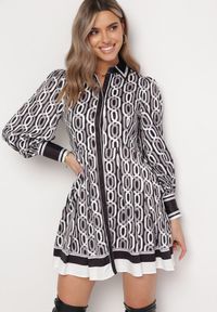 Born2be - Czarno-Biała Mini Koszulowa Sukienka o Rozkloszowanym Fasonie z Paskiem Amburia. Kolor: czarny. Materiał: materiał. Typ sukienki: koszulowe. Długość: mini #1