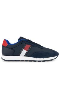 Buty Tommy Jeans Leather Runner EM0EM01136-C87 - granatowe. Okazja: na co dzień. Zapięcie: sznurówki. Kolor: niebieski. Materiał: materiał, zamsz, skóra, guma. Szerokość cholewki: normalna. Wzór: aplikacja