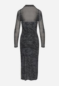 Born2be - Czarno-Szara Siateczkowa Sukienka z Wiskozą o Dopasowanym Kroju z Rozcięciami i Halką Histaria. Okazja: na randkę, na spotkanie biznesowe. Kolor: czarny. Materiał: wiskoza. Długość rękawa: na ramiączkach. Typ sukienki: proste. Styl: biznesowy, klasyczny #3