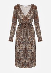Renee - Brązowo-Beżowa Sukienka Midi z Wzorem Paisley i Gumką w Talii Alynthe. Kolor: brązowy. Wzór: paisley. Typ sukienki: kopertowe. Długość: midi #6