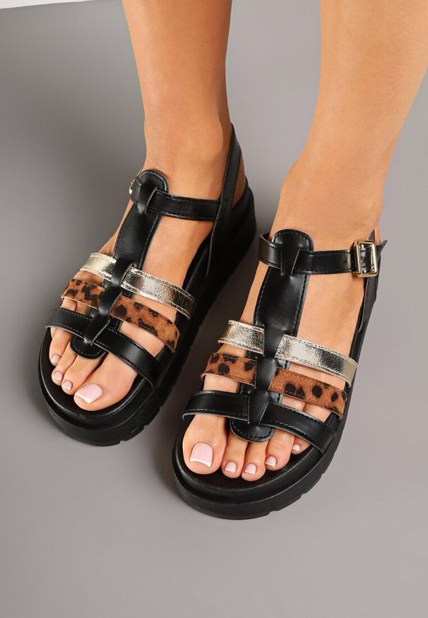 Born2be - Czarne Sandały na Grubej Podeszwie z Ozdobnymi Paskami i Wzorem w Panterkę Tolivania. Okazja: na co dzień. Zapięcie: pasek. Kolor: czarny. Materiał: jeans. Wzór: motyw zwierzęcy. Sezon: lato. Styl: klasyczny, casual, elegancki