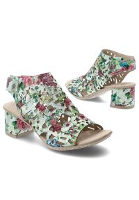 Sandały damskie Rieker, cholewka ze skóry ekologicznej z wzorzystym nadrukiem zapinane na rzep, kolorowe, 64780-92. Zapięcie: rzepy. Materiał: skóra ekologiczna. Wzór: kolorowy, nadruk #6