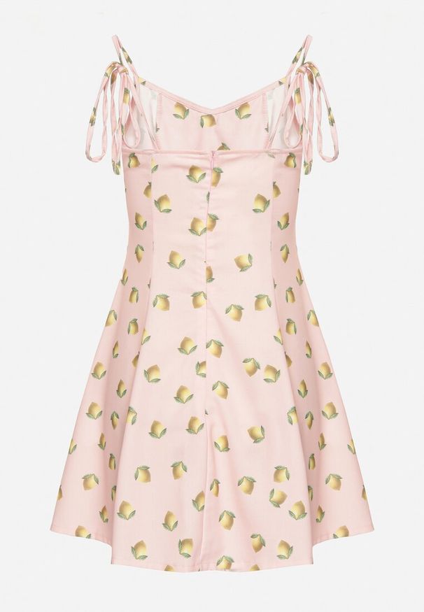 Born2be - Różowa Sukienka na Wiązanych Ramiączkach w Cytryny Efrunea. Kolor: różowy. Długość rękawa: na ramiączkach. Sezon: lato. Typ sukienki: rozkloszowane