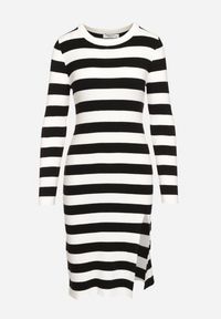 Born2be - Biało-Czarna Sweterkowa Sukienka z Modalem i Wiskozą w Paski Nalindira. Kolor: biały. Materiał: wiskoza. Wzór: paski. Styl: wizytowy, klasyczny #6