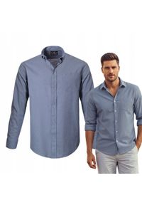 Lekka, Lniano Bawełniana Koszula Męska - Pako Jeans - Niebieska, Prosty Krój. Okazja: na co dzień. Typ kołnierza: button down. Kolor: niebieski. Materiał: bawełna, len. Styl: casual #4