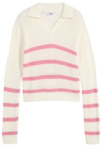 bonprix - Sweter dziewczęcy polo. Typ kołnierza: polo. Kolor: biały. Wzór: paski