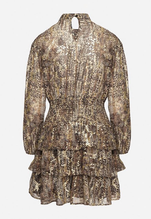 Born2be - Brązowa Rozkloszowana Sukienka w Panterkę z Falbankami i Gumkami w Pasie Tinnorisa. Okazja: na imprezę. Typ kołnierza: kołnierz z falbankami. Kolor: brązowy. Wzór: motyw zwierzęcy. Typ sukienki: rozkloszowane. Styl: elegancki