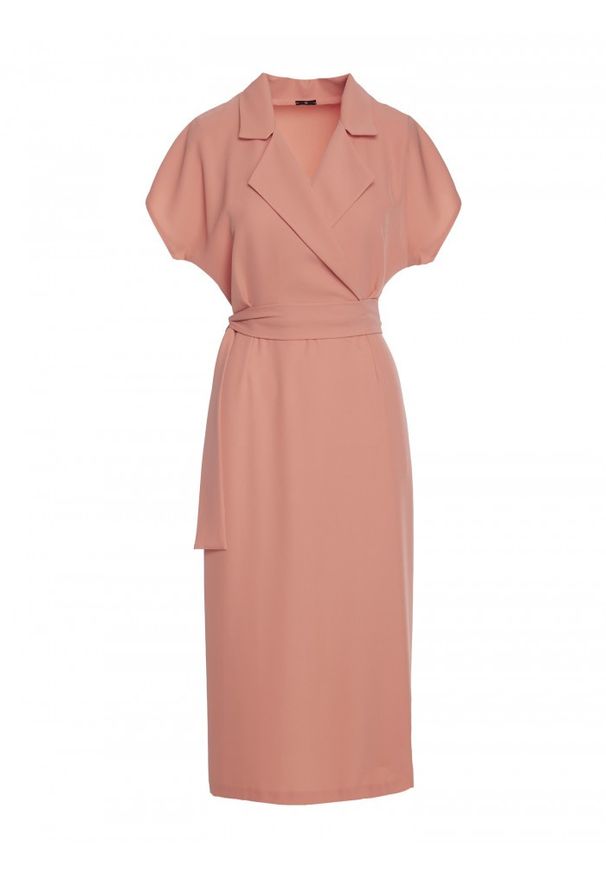 Stylove - Elegancka sukienka z kołnierzem różana. Okazja: na co dzień. Kolor: czarny, różowy, fioletowy. Materiał: tkanina, elastan, guma. Typ sukienki: ołówkowe, kopertowe, proste. Styl: elegancki. Długość: midi