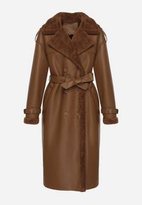 Born2be - Brązowy Dwurzędowy Płaszcz z Imitacji Skóry z Wiązanym Paskiem i Futrem Guritte. Okazja: na co dzień. Typ kołnierza: golf. Kolor: brązowy. Materiał: skóra, futro. Długość rękawa: długi rękaw. Długość: długie. Styl: klasyczny, casual, elegancki #7