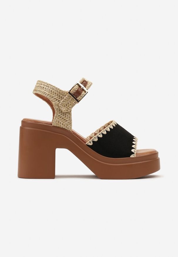 Renee - Czarne Sandały w Stylu Boho na Słupku i Platformie z Ozdobną Plecionką Anoi. Kolor: czarny. Sezon: lato. Obcas: na platformie. Styl: boho. Wysokość obcasa: średni