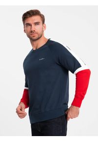 Ombre Clothing - Trójkolorowa męska dresowa bluza z raglanowymi rękawami – granatowa V2 - Rozmiar: XL. Okazja: na co dzień. Kolor: niebieski. Materiał: dresówka. Długość rękawa: raglanowy rękaw. Wzór: nadruk. Styl: sportowy, casual #7