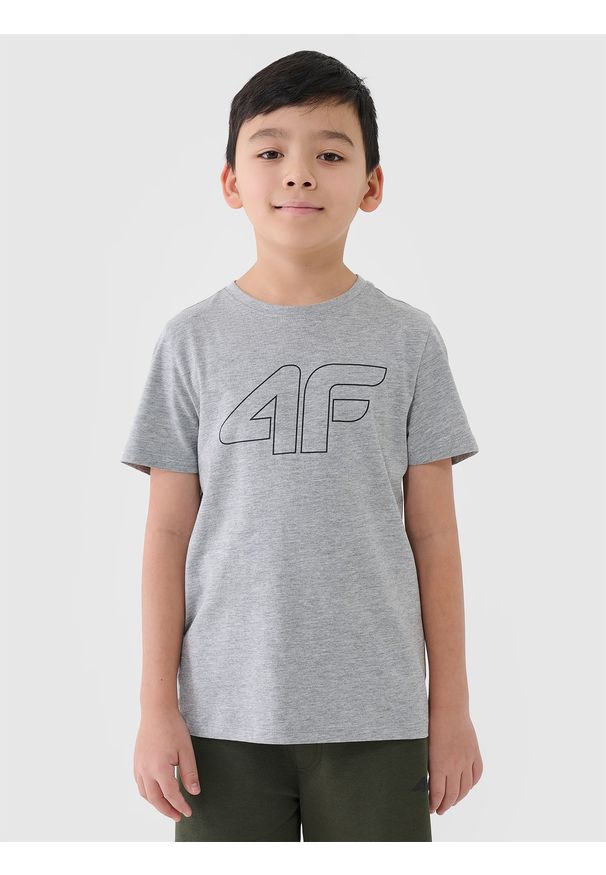 4f - T-shirt z nadrukiem chłopięcy - szary. Okazja: na co dzień. Kolor: szary. Materiał: bawełna, jersey, dzianina. Długość rękawa: krótki rękaw. Długość: krótkie. Wzór: nadruk. Sezon: lato. Styl: sportowy, casual, klasyczny