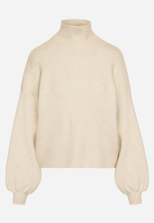 Born2be - Jasnobeżowy Golf z Bufiastymi Rękawami Wedelia. Okazja: na co dzień. Typ kołnierza: golf. Kolor: beżowy. Materiał: jeans. Styl: casual, elegancki, klasyczny