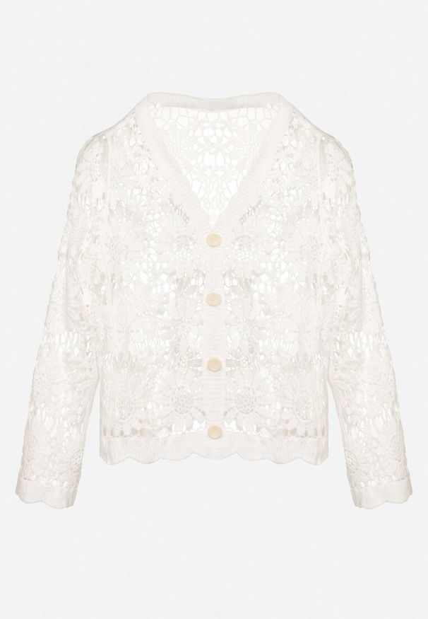 Born2be - Biały Bawełniany Ażurowy Kardigan na Guziki Eviliri. Okazja: na co dzień. Kolor: biały. Materiał: bawełna. Wzór: ażurowy. Styl: casual, elegancki
