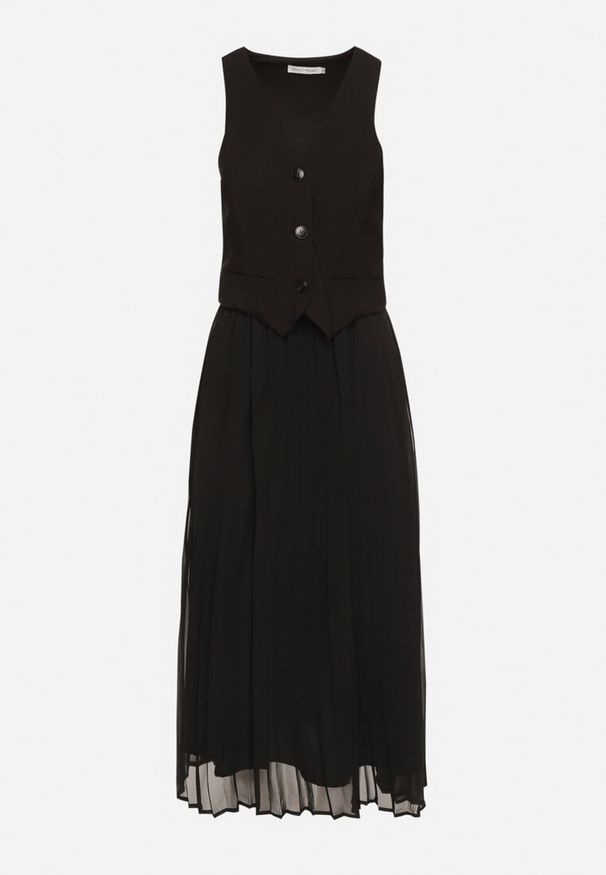 Born2be - Czarna Plisowana Sukienka z Wiskozy z Wszytą Kamizelką Silanda. Typ kołnierza: dekolt w serek. Kolor: czarny. Materiał: wiskoza. Sezon: wiosna. Styl: klasyczny, elegancki