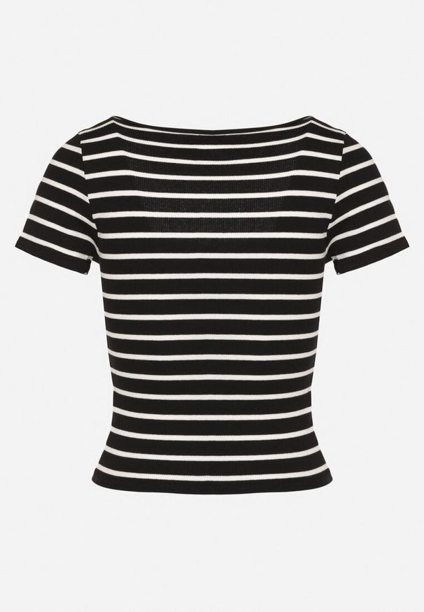 Born2be - Czarno-Biały T-shirt z Bawełny Ozdobiony Paskami i Guzikami Velwiwi. Okazja: na co dzień. Kolor: czarny. Materiał: bawełna. Wzór: aplikacja. Styl: sportowy, casual