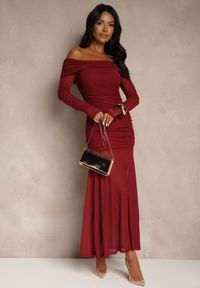 Renee - Bordowa Koktajlowa Sukienka z Prześwitującymi Rękawami i Marszczeniem Haludea. Okazja: na imprezę. Kolor: czerwony. Styl: wizytowy #4