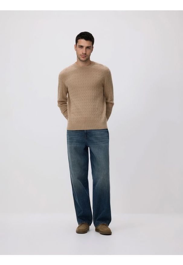 Reserved - Strukturalny sweter z bawełną - beżowy. Kolor: beżowy. Materiał: bawełna