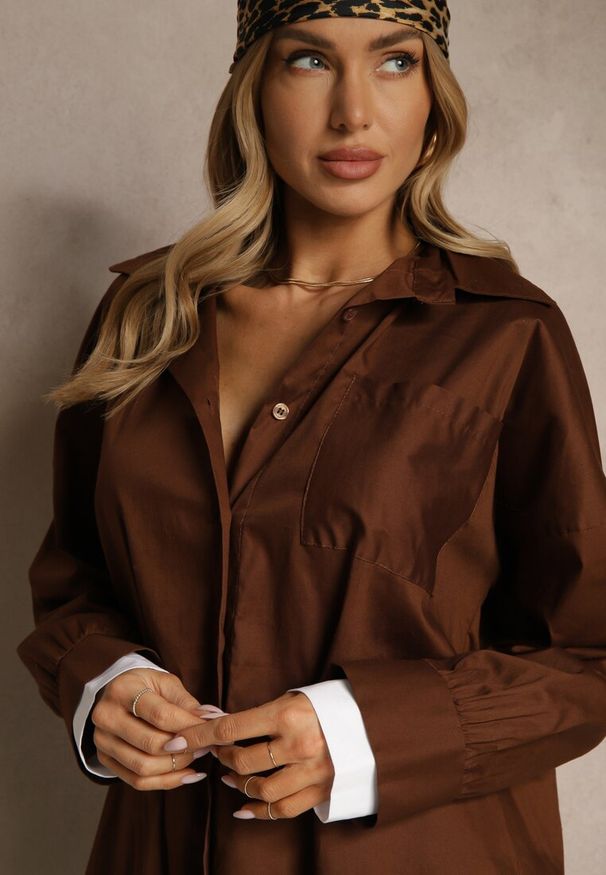 Renee - Brązowa Bawełniana Koszula Typu Oversize Ronmira. Okazja: na co dzień. Kolor: brązowy. Materiał: bawełna. Styl: elegancki, casual