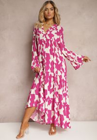 Renee - Fuksjowo-Biała Wiskozowa Sukienka o Rozkloszowanym Kroju z Rozszerzanymi Rękawami Tesakate. Kolor: różowy. Materiał: wiskoza #5