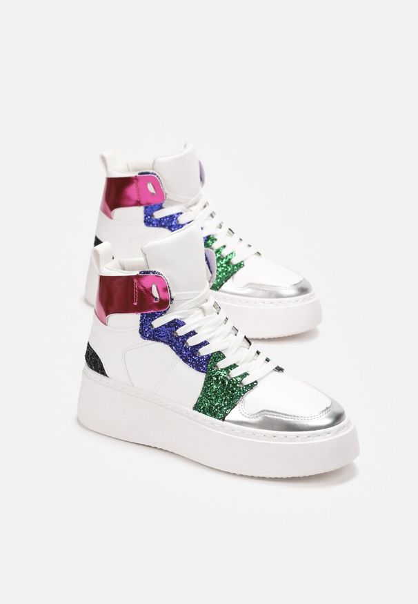 Born2be - Biało-Niebieskie Sneakersy na Grubej Płaskiej Podeszwie z Cholewką za Kostkę Ozdobione Brokatem i Metalicznymi Wstawkami Byreli. Wysokość cholewki: za kostkę. Kolor: biały. Szerokość cholewki: normalna. Wzór: aplikacja