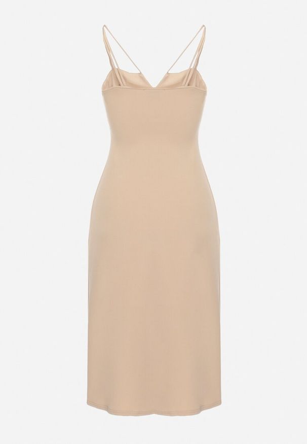 Born2be - Beżowa Sukienka na Ramiączkach z Rozcięciem Sophiya. Kolor: beżowy. Materiał: tkanina. Długość rękawa: na ramiączkach. Wzór: aplikacja, gładki. Długość: midi