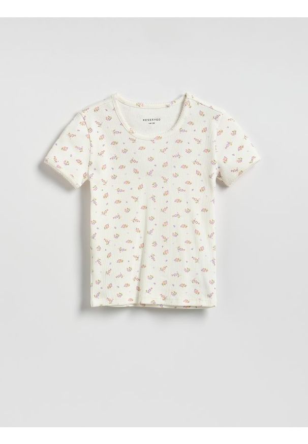 Reserved - Wzorzysty t-shirt - złamana biel. Materiał: bawełna