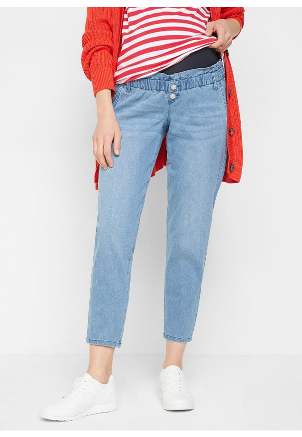bonprix - Dżinsy ciążowe z bawełny ze stretchem i zwężanymi nogawkami. Kolekcja: moda ciążowa. Kolor: niebieski. Długość: krótkie. Wzór: aplikacja