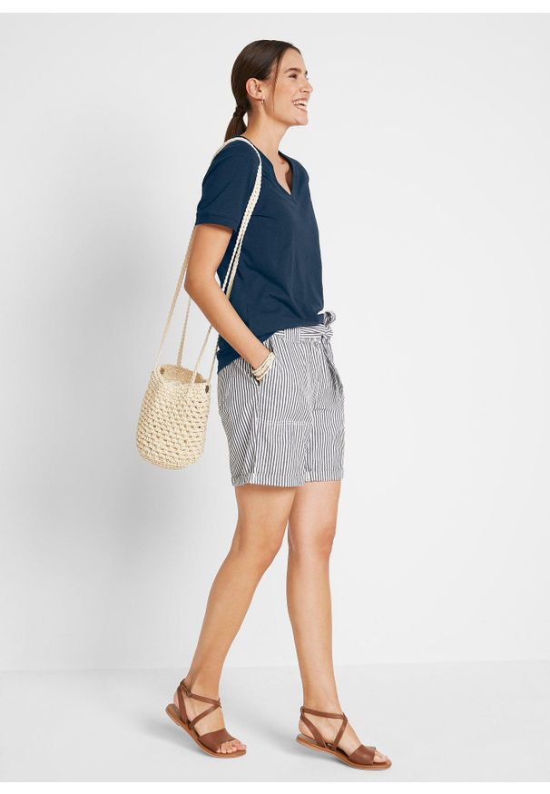 bonprix - T-shirt z czystej bawełny. Typ kołnierza: dekolt w serek. Kolor: niebieski. Materiał: bawełna. Długość rękawa: krótki rękaw. Długość: krótkie