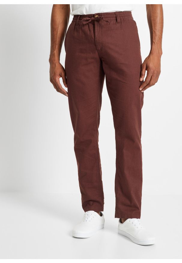 bonprix - Spodnie chino Regular Fit Straight, z materiału z domieszką lnu. Kolor: brązowy. Materiał: materiał, len. Wzór: aplikacja