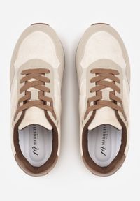 Renee - Beżowe Sneakersy Basic z Imitacji Zamszu Ozdobione Przeszyciami Nethe. Okazja: na co dzień. Zapięcie: sznurówki. Kolor: beżowy. Materiał: zamsz. Wzór: aplikacja #9