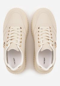 Renee - Beżowe Chunky Sneakersy VICES z Aplikacją na Platformie ze Żłobieniami Ilunatesa. Kolor: beżowy. Materiał: jeans. Wzór: aplikacja. Obcas: na platformie #8