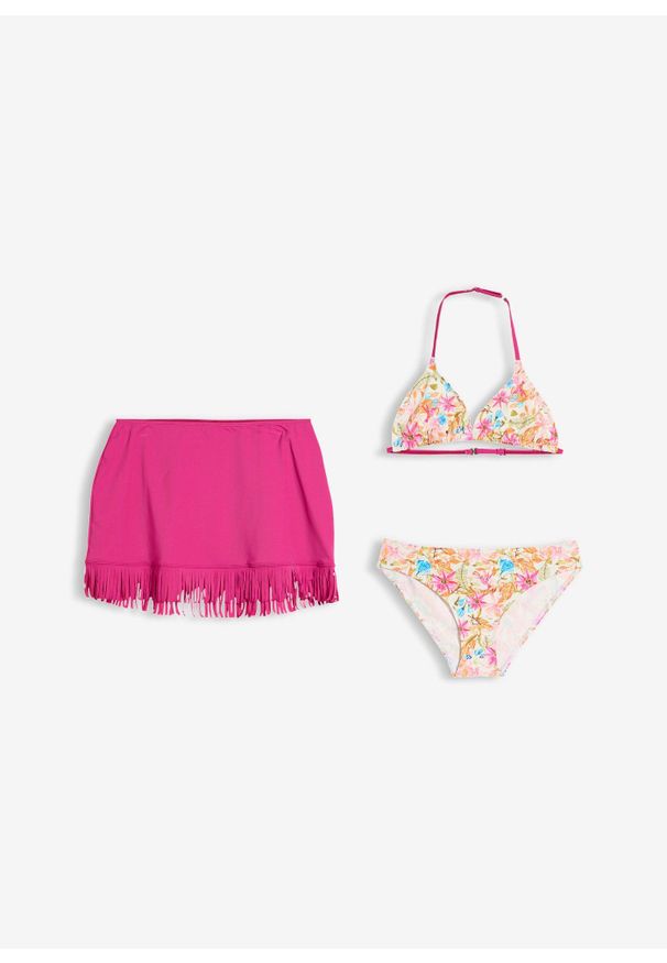 bonprix - Bikini ze spódniczką kąpielową (zestaw 3 cz.). Kolor: różowy