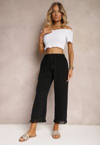 Renee - Czarne Szerokie Spodnie High Waist z Gumką w Pasie Jolfea. Okazja: na co dzień. Stan: podwyższony. Kolor: czarny. Materiał: tkanina. Styl: casual, elegancki