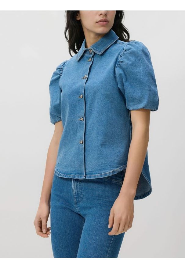 Reserved - Jeansowa koszula z bufiastymi rękawami - niebieski. Kolor: niebieski. Materiał: jeans