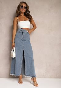 Renee - Niebieska Postrzępiona Spódnica Maxi z Jeansu z Rozcięciem Feedi. Stan: podwyższony. Kolor: niebieski. Materiał: jeans #4