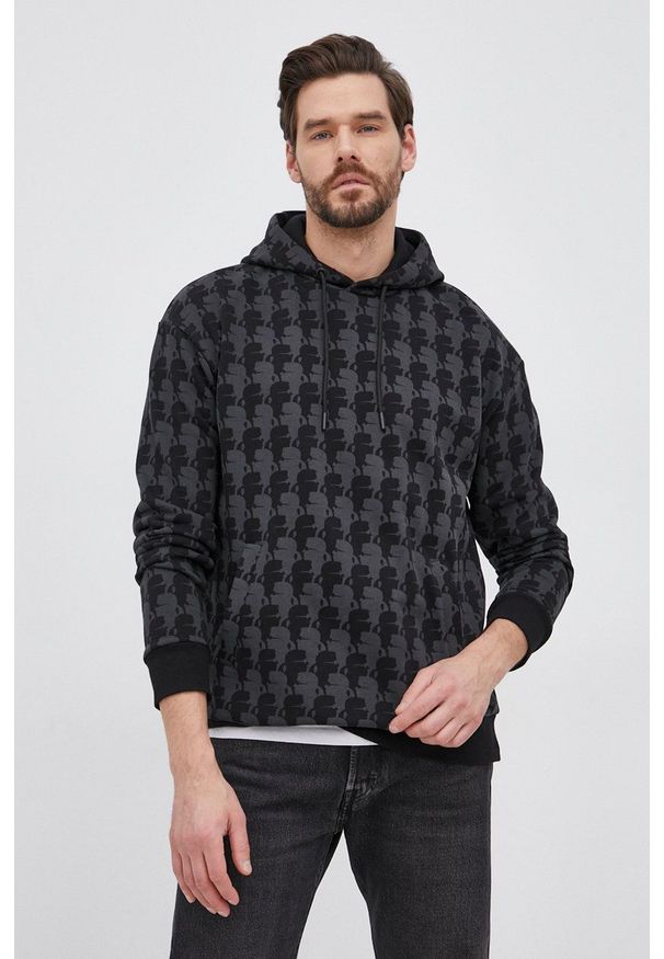 Karl Lagerfeld Bluza męska kolor czarny z kapturem wzorzysta. Okazja: na co dzień. Typ kołnierza: kaptur. Kolor: czarny. Materiał: dzianina, materiał. Styl: casual