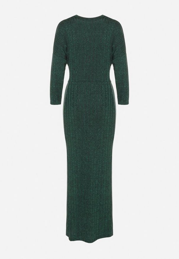 Born2be - Ciemnozielona Sukienka z Wiskozą Ozdobiona Wiązaniem i Metaliczną Nicią Ellinira. Okazja: na co dzień. Kolor: zielony. Materiał: wiskoza. Wzór: aplikacja. Typ sukienki: proste. Styl: casual, elegancki