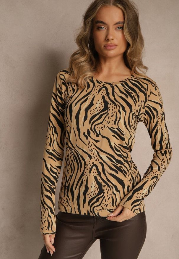 Renee - Beżowo-Czarna Bluzka Longsleeve z Bawełny z Zebrę Unirea. Kolor: brązowy. Materiał: bawełna. Długość rękawa: długi rękaw. Długość: krótkie. Wzór: motyw zwierzęcy. Styl: klasyczny