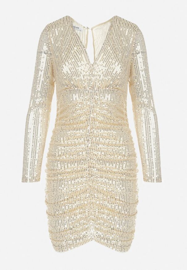 Born2be - Złota Cekinowa Sukienka z Marszczeniem Nerli. Kolor: złoty. Wzór: aplikacja. Długość: mini