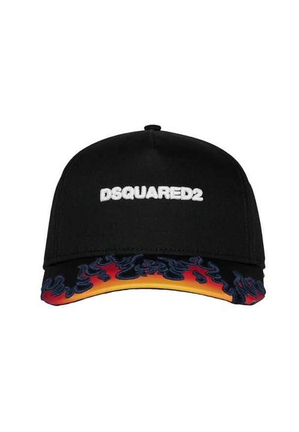 DSQUARED2 Męska czarna czapka z daszkiem w płomienie. Kolor: czarny