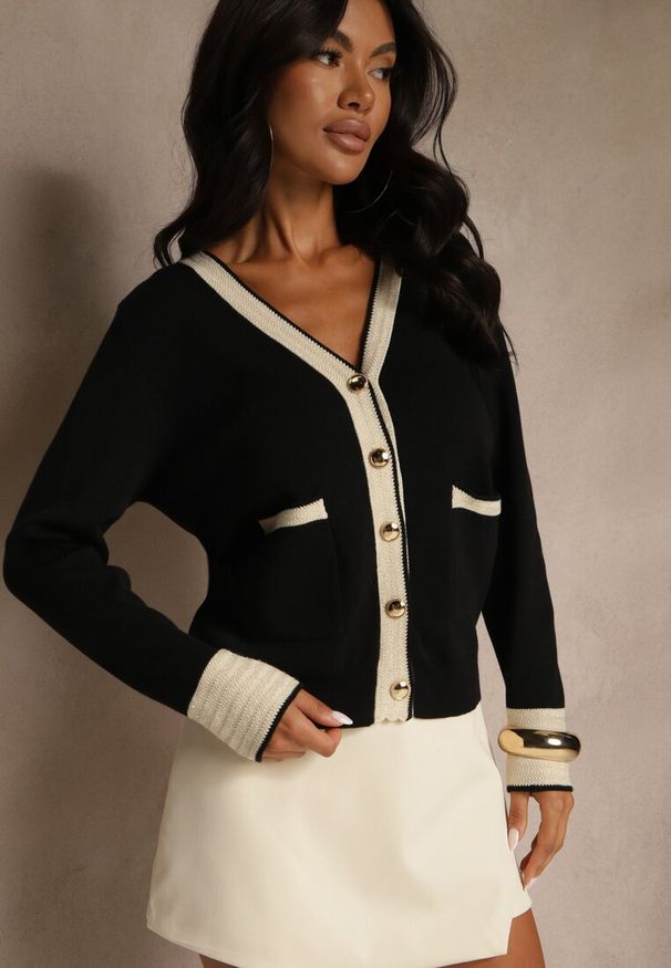 Renee - Czarny Kardigan z Wiskozą Lamówką i Guzikami Halisette. Okazja: na co dzień. Kolor: czarny. Materiał: wiskoza. Styl: klasyczny, elegancki, casual