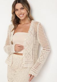 Born2be - Beżowy Ażurowy Kardigan z Bawełny Kolurelle. Okazja: na co dzień. Kolor: beżowy. Materiał: bawełna. Wzór: ażurowy. Styl: casual