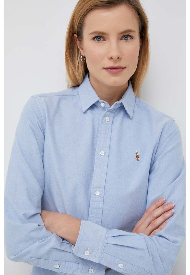 Polo Ralph Lauren koszula bawełniana damska kolor niebieski regular z kołnierzykiem klasycznym. Typ kołnierza: kołnierzyk klasyczny, polo. Kolor: niebieski. Materiał: bawełna. Wzór: aplikacja. Styl: klasyczny
