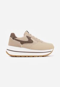 Born2be - Beżowe Sneakersy na Grubej Podeszwie z Perforacją i Tweedowymi Wstawkami Idaphyphe. Okazja: na co dzień. Kolor: beżowy. Materiał: jeans #9