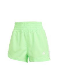 Adidas - Szorty Pacer Training 3-Stripes Woven High-Rise. Kolor: zielony, biały, wielokolorowy, żółty. Materiał: materiał. Sport: fitness